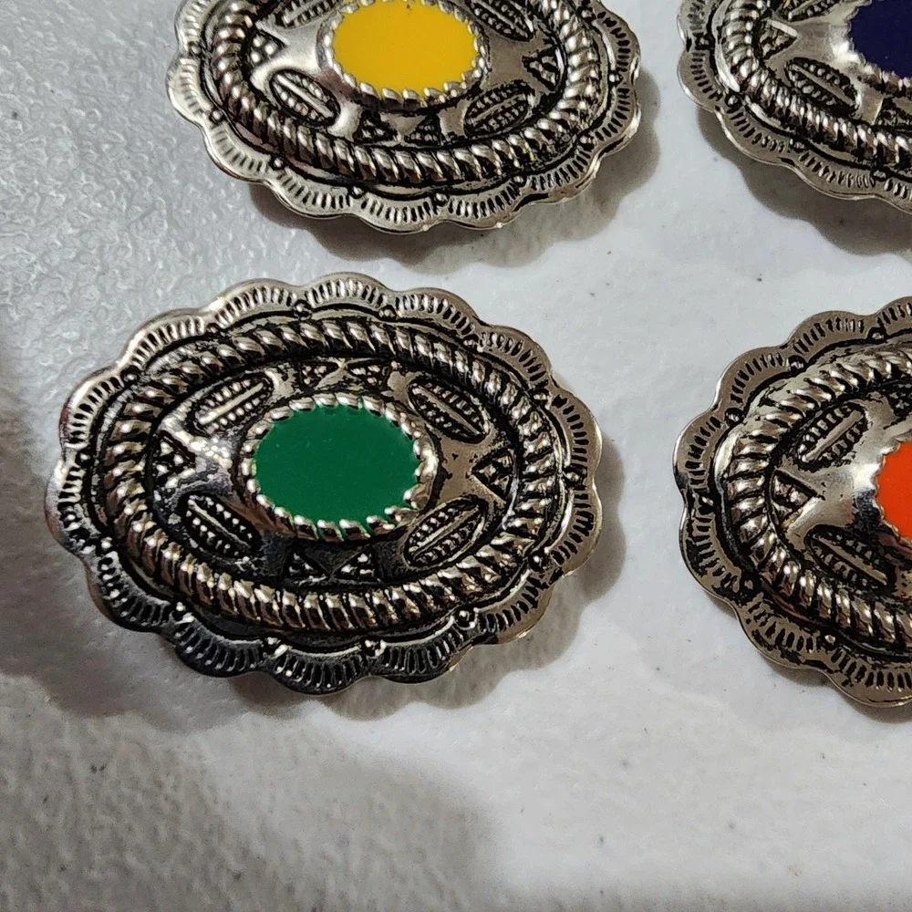 6pc Western Silver Tone Concho button covers Colorful Cabochon Set Southwestern
